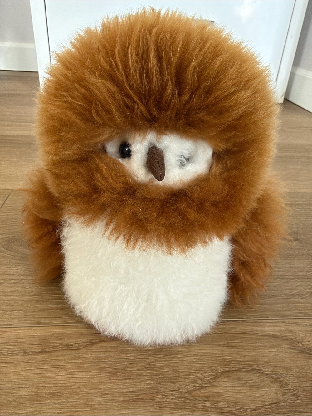 Real Alpaca Fur Owl Plush Stuffed Animal Figure Soft Fluffy Brown White ~10”